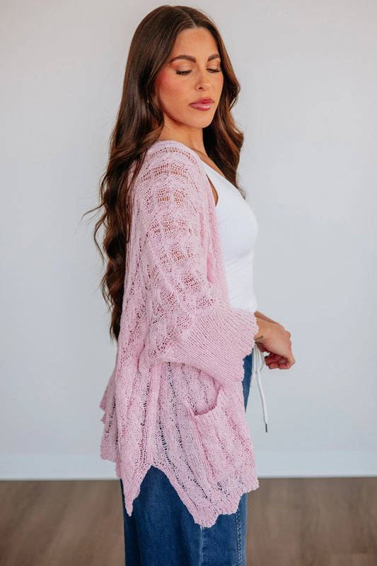 Hollowed Pattern Knit Drop Shoulder Open Sweater Cardigan