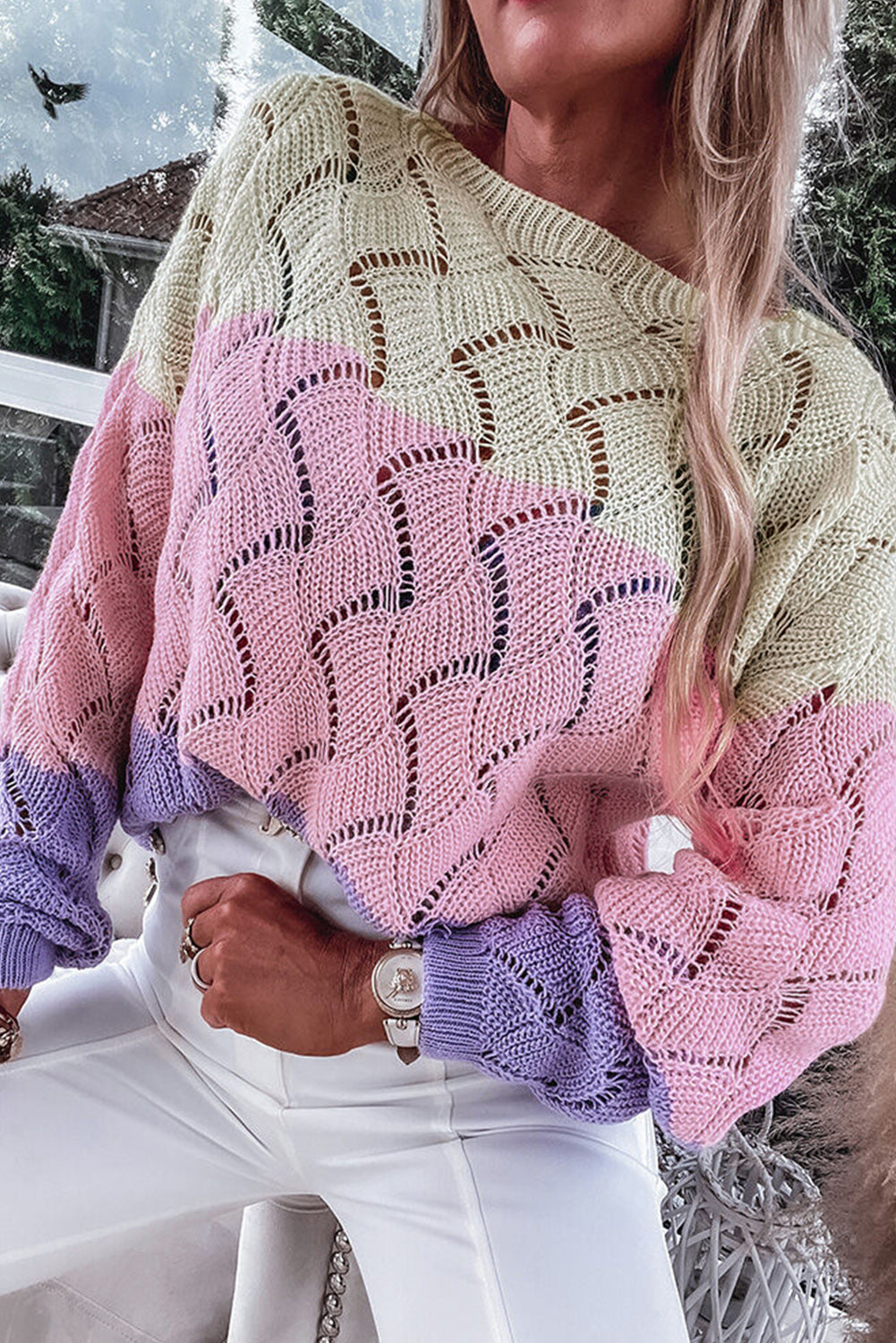 Pink Color Block Hollow Knitted Loose Sweater