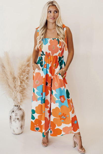 Orange Floral Self Tied Straps Smocked Bust Maxi Dress