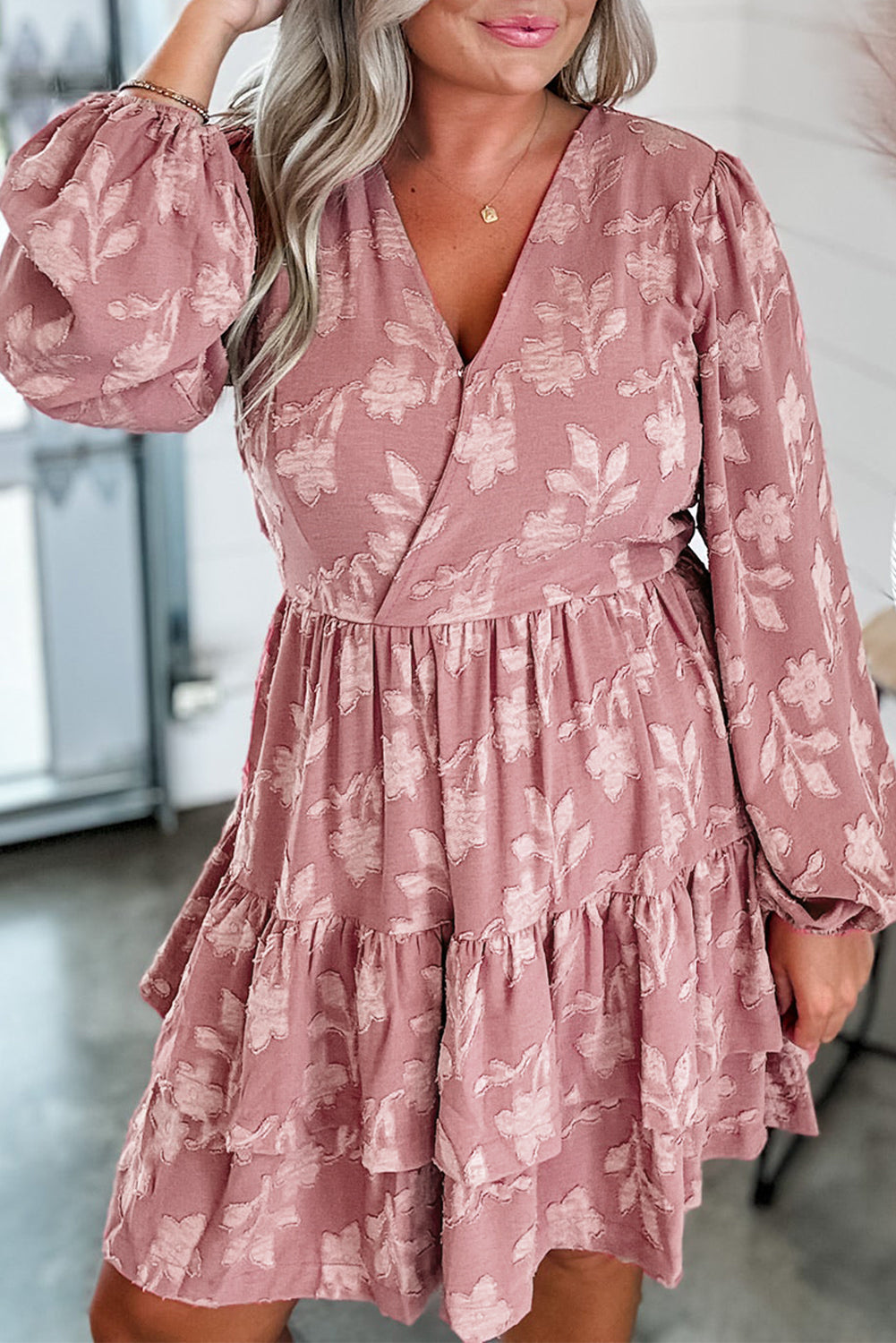 Peach Blossom Floral Surplice V Neck Tiered Ruffled Plus Size Dress ...