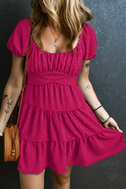 Swiss Dot Jacquard Puff Sleeve Crossover Tied Tiered Dress