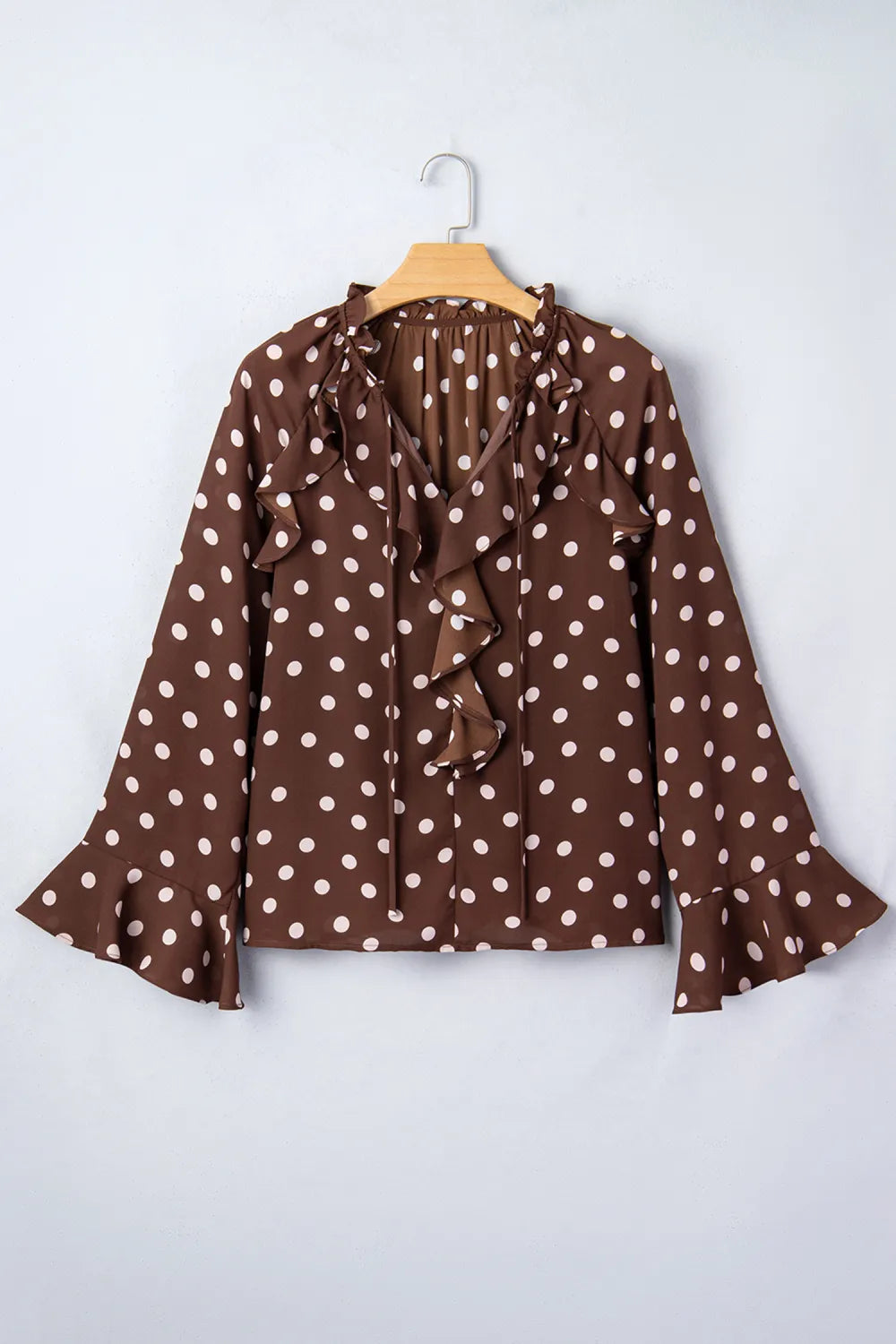 Coffee Polka Dot Print Ruffle Trim V Neck Long Bell Sleeve Blouse