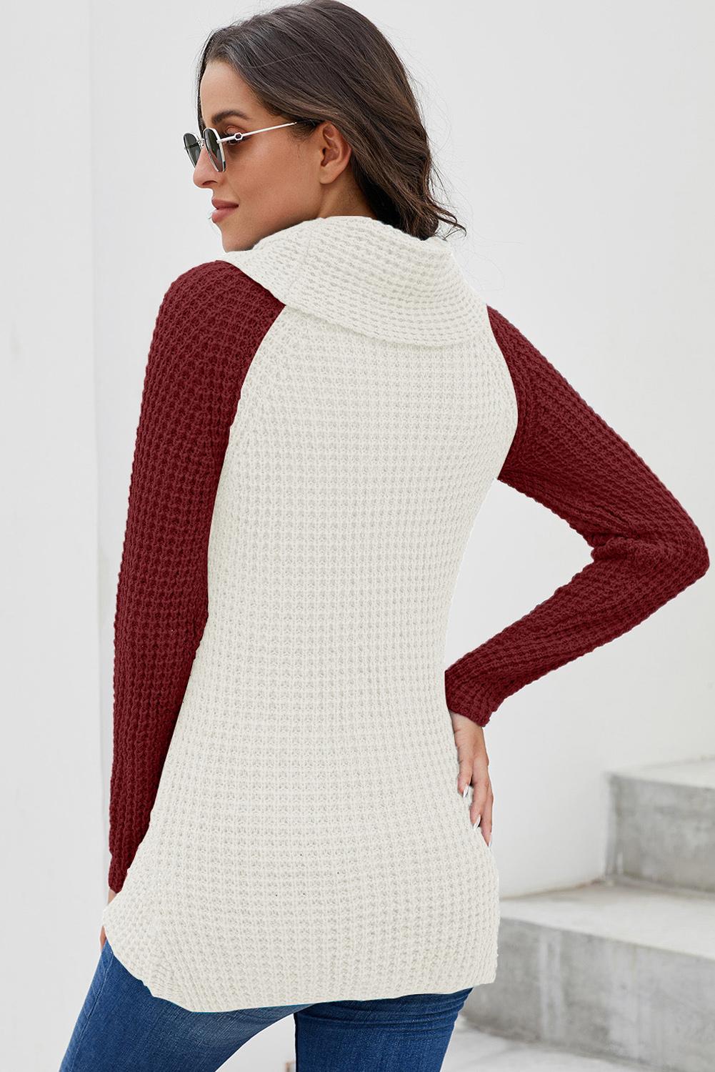 Fiery Red Button Turtle Cowl Neck Asymmetric Hem Wrap Pullover Sweater