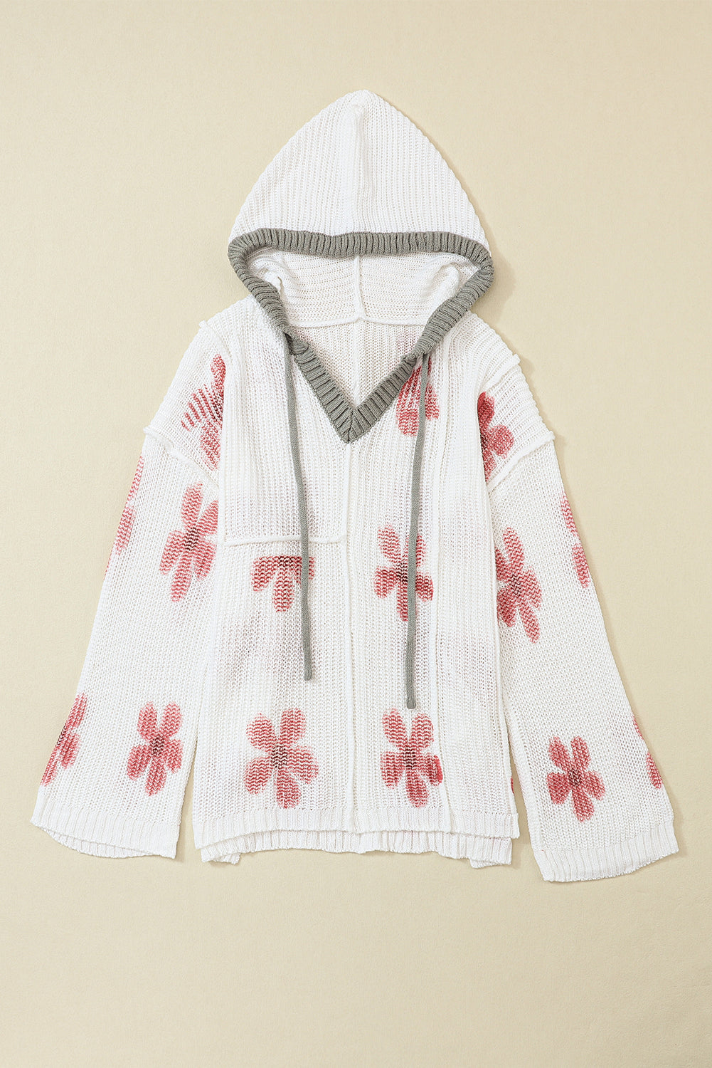 White Floral Print Lightweight Knit Hooded Sweater