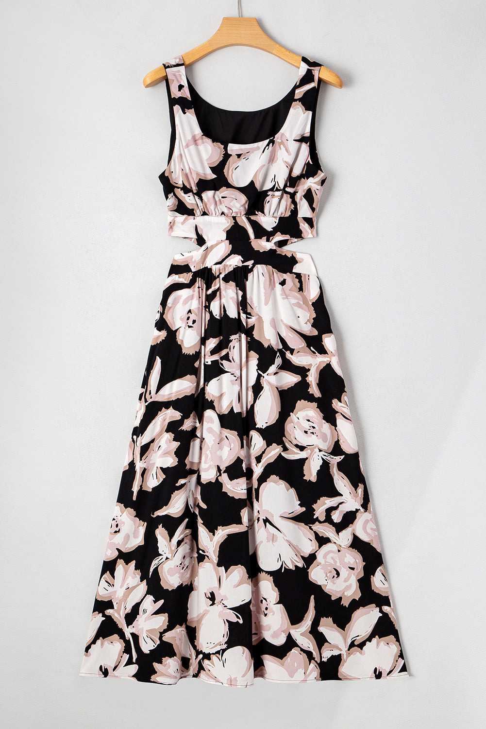 Black Floral Cutout Square Neck Knot Back Sleeveless Maxi Dress