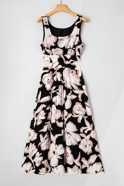 Black Floral Cutout Square Neck Knot Back Sleeveless Maxi Dress