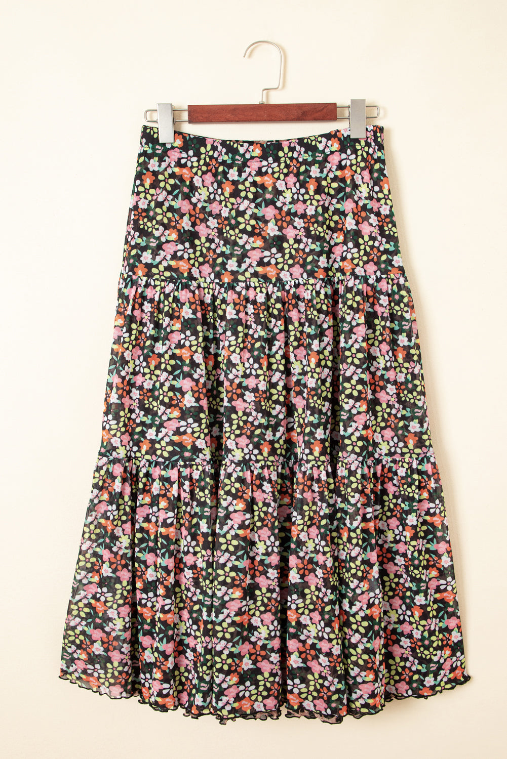 Brown Leopard Floral Reversible Ruffle Hem Maxi Skirt