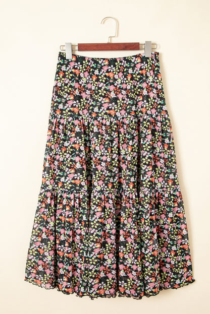 Brown Leopard Floral Reversible Ruffle Hem Maxi Skirt