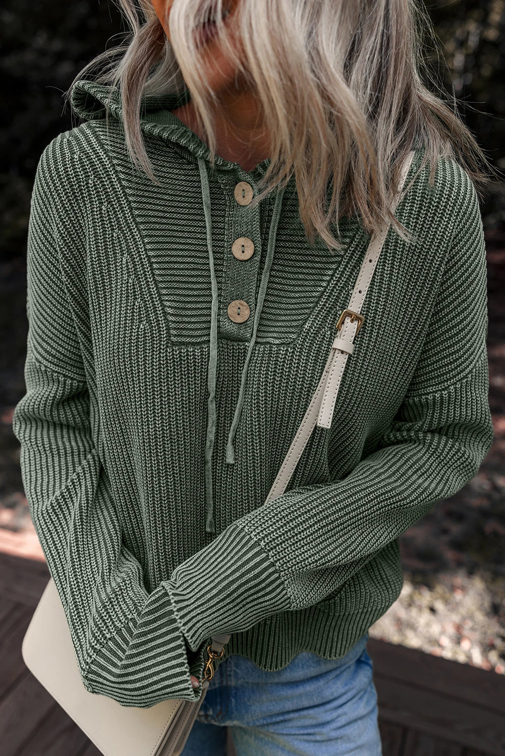 Mist Green Mineral Wash Ribbed Knit Button Drawstring Neck Hooded Sweater