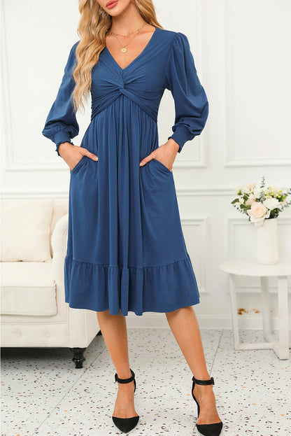 Sail Blue Solid Color Front Twist Puff Sleeve Ruffled Dress
