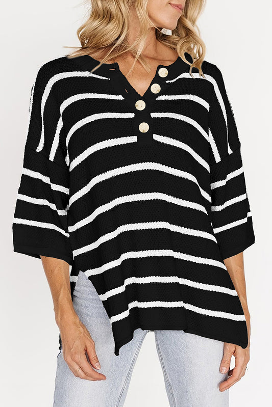 Stripe Henley Buttoned Placket Drop Shoulder Bracelet Sleeve Knit Sweater Tee