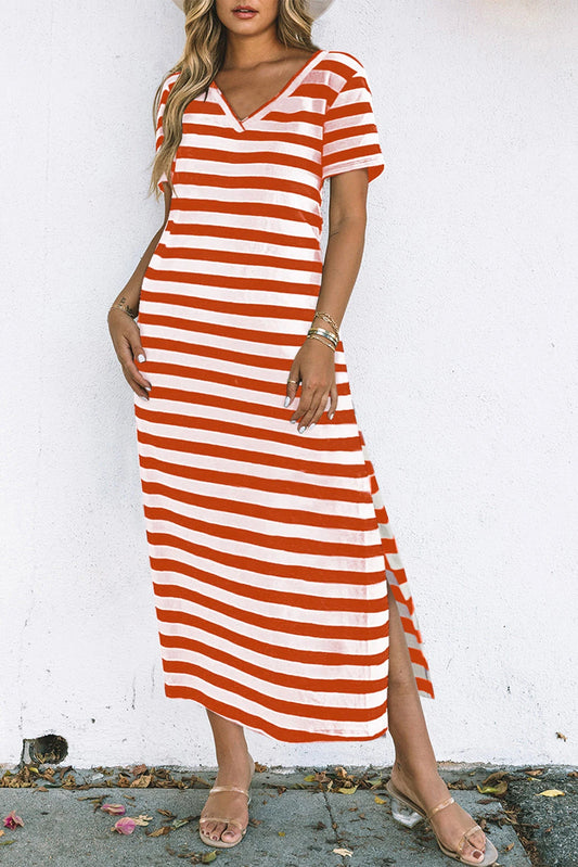 Fiery Red Stripe Print V Neck Maxi Dress with Side Splits