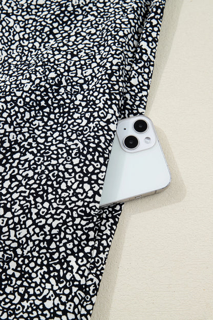 Black Leopard Print Contrast Striped Trim Polo Collar Short Sleeve Dress with Pockets