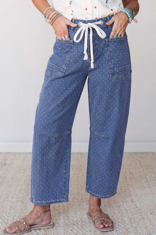 Blue Casual Polka Dot Ankle-Length Drawstring Jeans