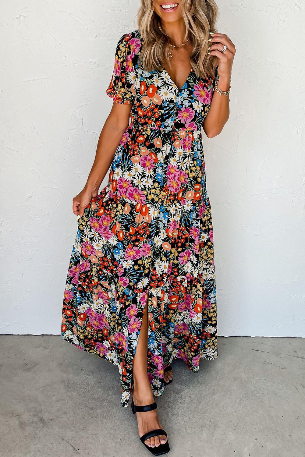 Black Short Sleeve Boho Floral Pattern Tiered Maxi Dress