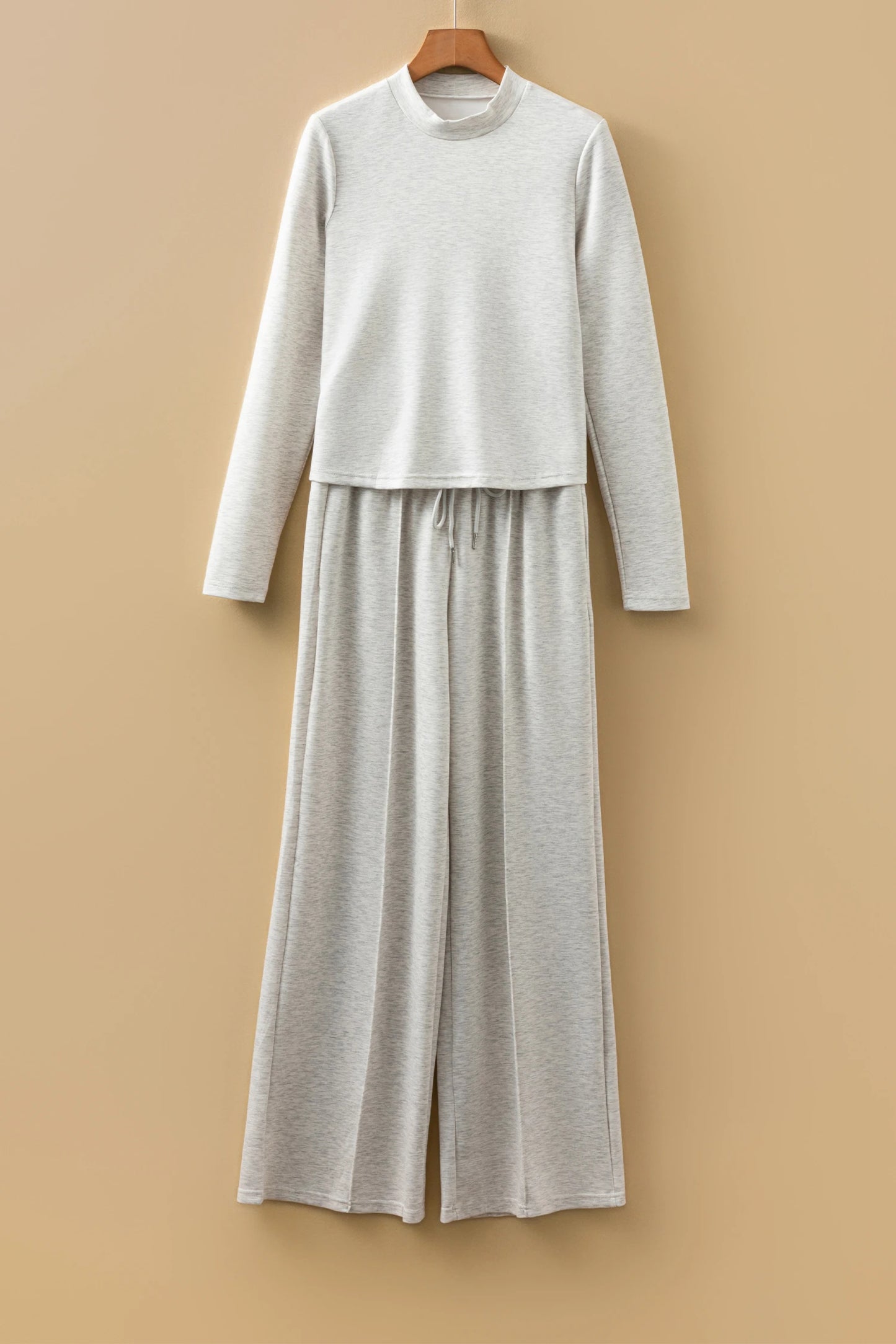 Light Grey Long Sleeve High Neck Slim Top Smocked Waist Central Seam Pants Set