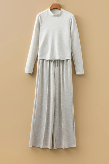 Light Grey Long Sleeve High Neck Slim Top Smocked Waist Central Seam Pants Set