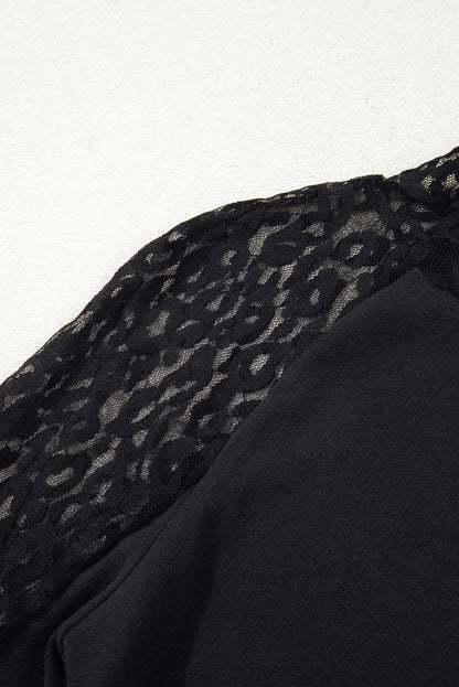 Black Leopard Mesh Patchwork Knit Long Sleeve Top