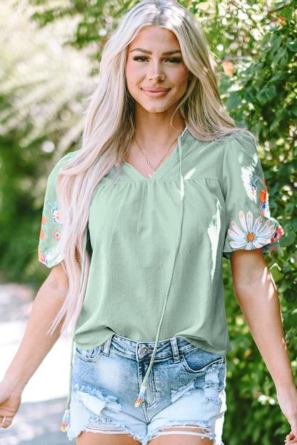 Floral Embroidered Puff Sleeve Split Neck Blouse