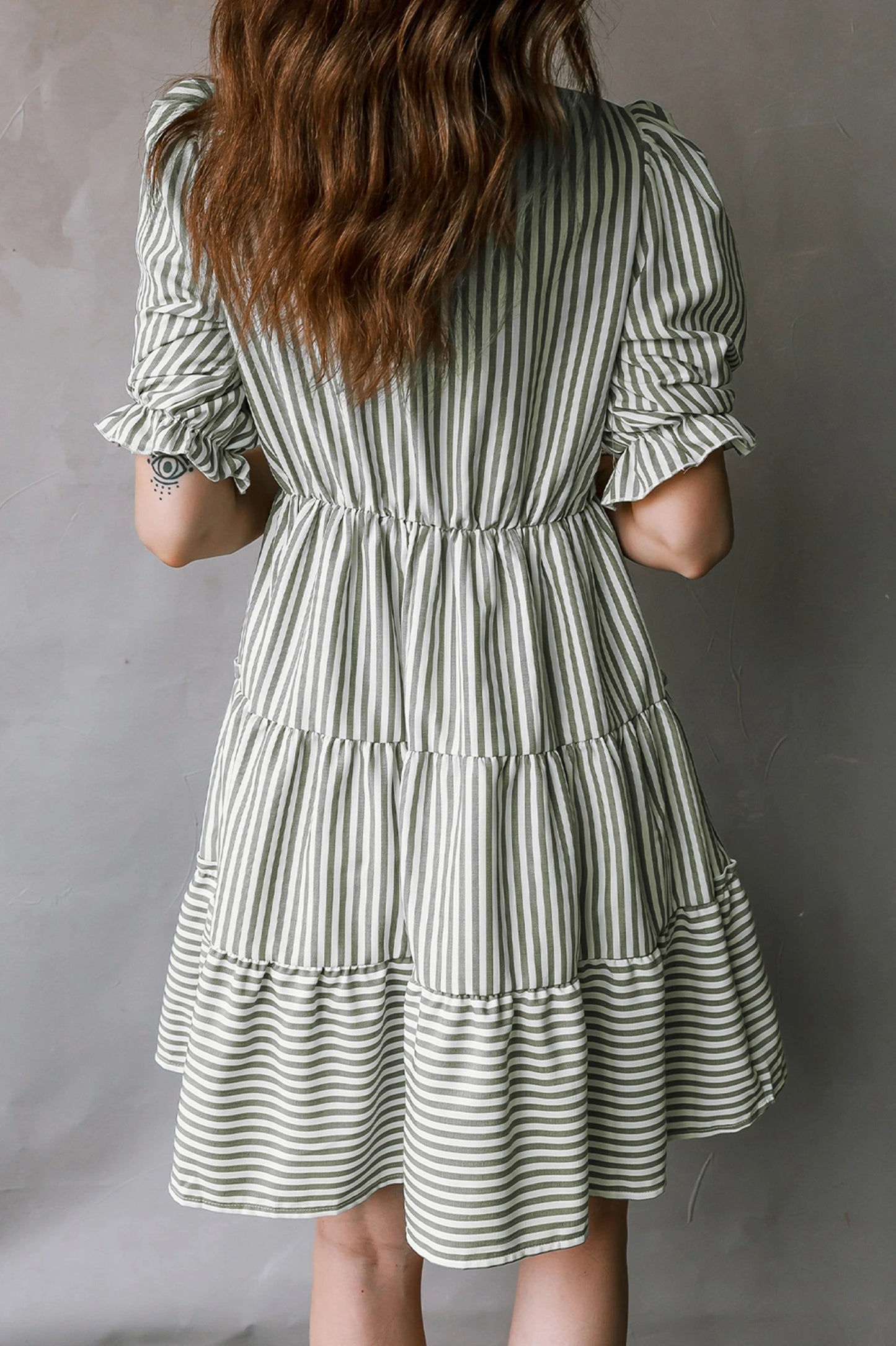 Green Stripe Tasseled Tie Neck Ruffled Short Sleeve Tiered Flattering Dress