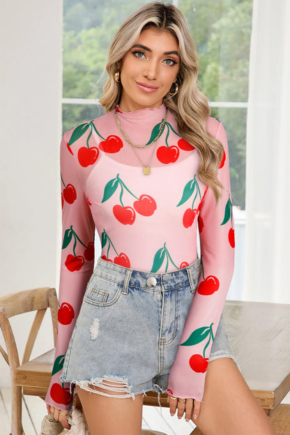 Pink Cherry Print Lettuce Trim Long Sleeve Mesh Top