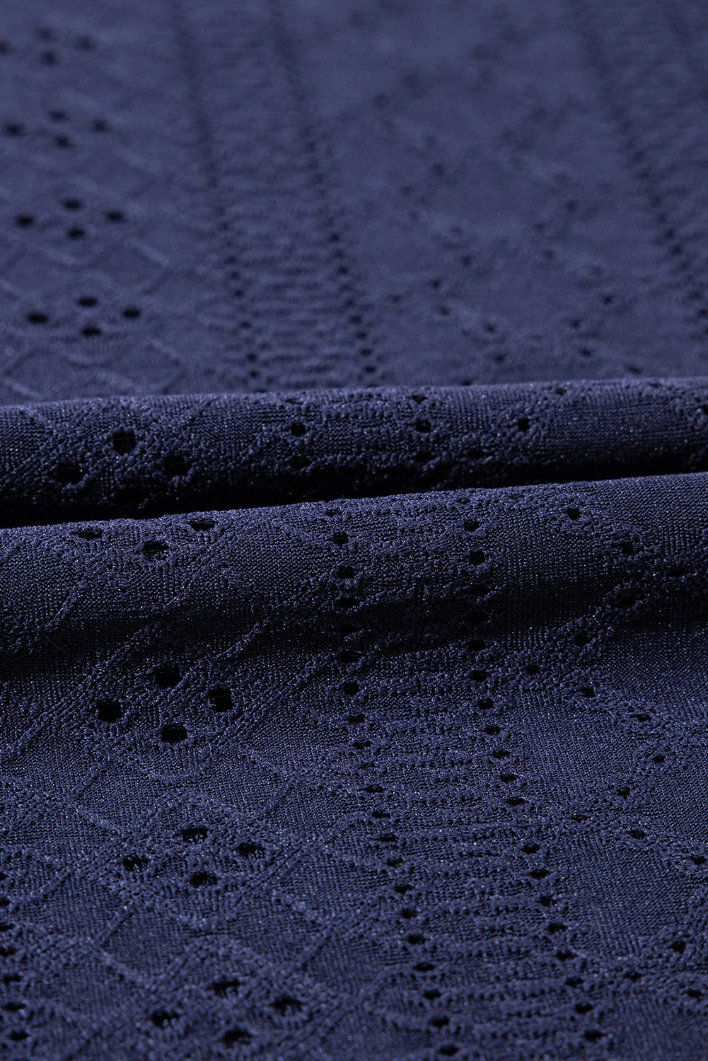 Navy Blue Solid Color Eyelet Jacquard Cuffed Short Sleeve Top