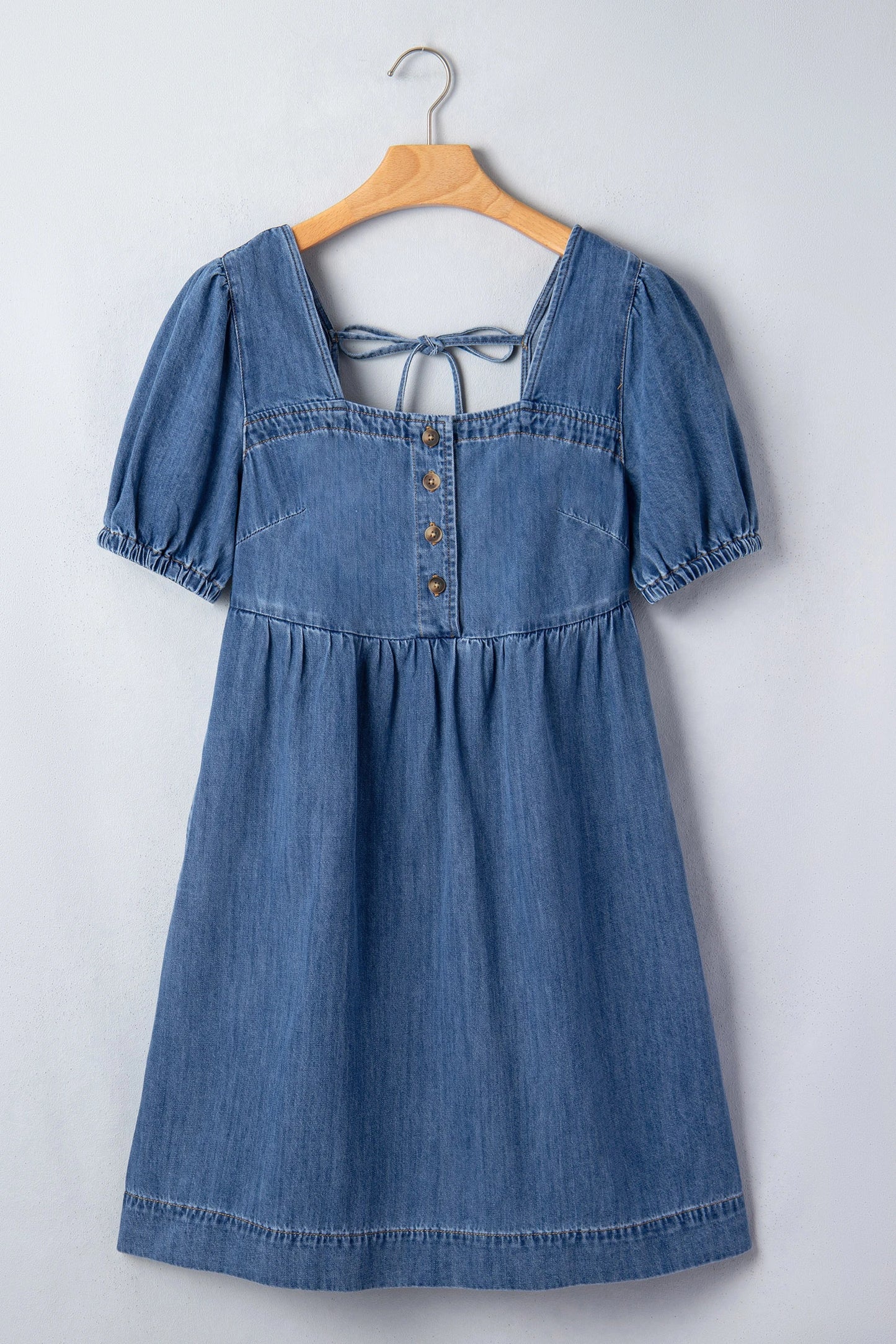 Prussian Blue Button Square Neck Short Puff Sleeve Denim Mini Dress
