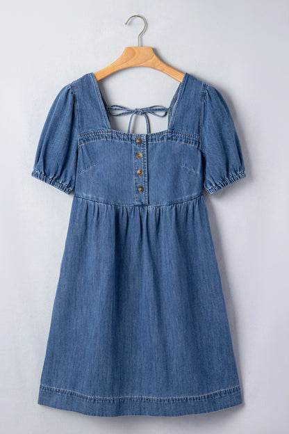 Prussian Blue Button Square Neck Short Puff Sleeve Denim Mini Dress