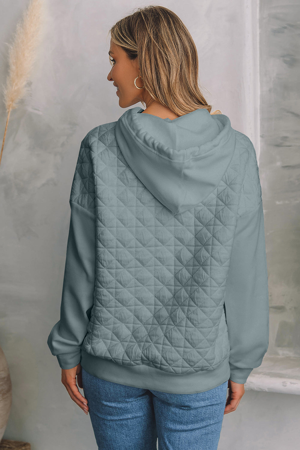 Drop Shoulder Quilted Patchwork Kangaroo Pocket Hoodie