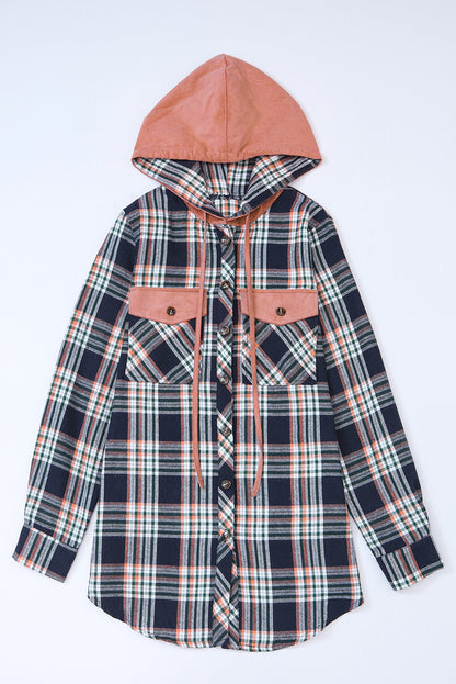 Pink Contrast Hooded Drawstring Plaid Shacket