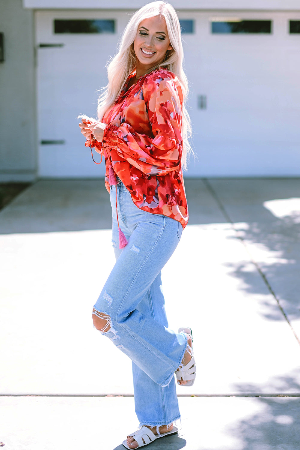 Red Floral Print Split Neck Tassel Tie Blouse