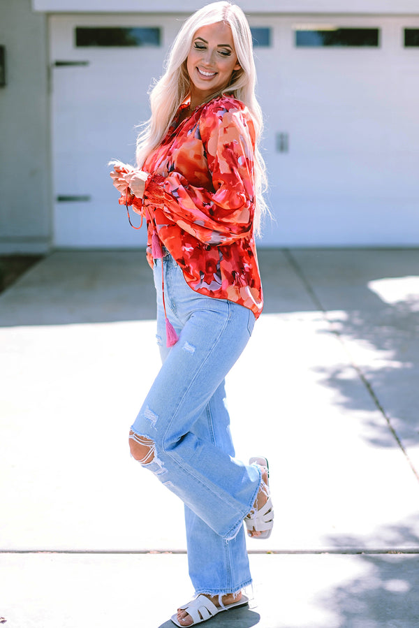 Threaded Pear Selena Plus Size Floral Tassel Tie Blouse
