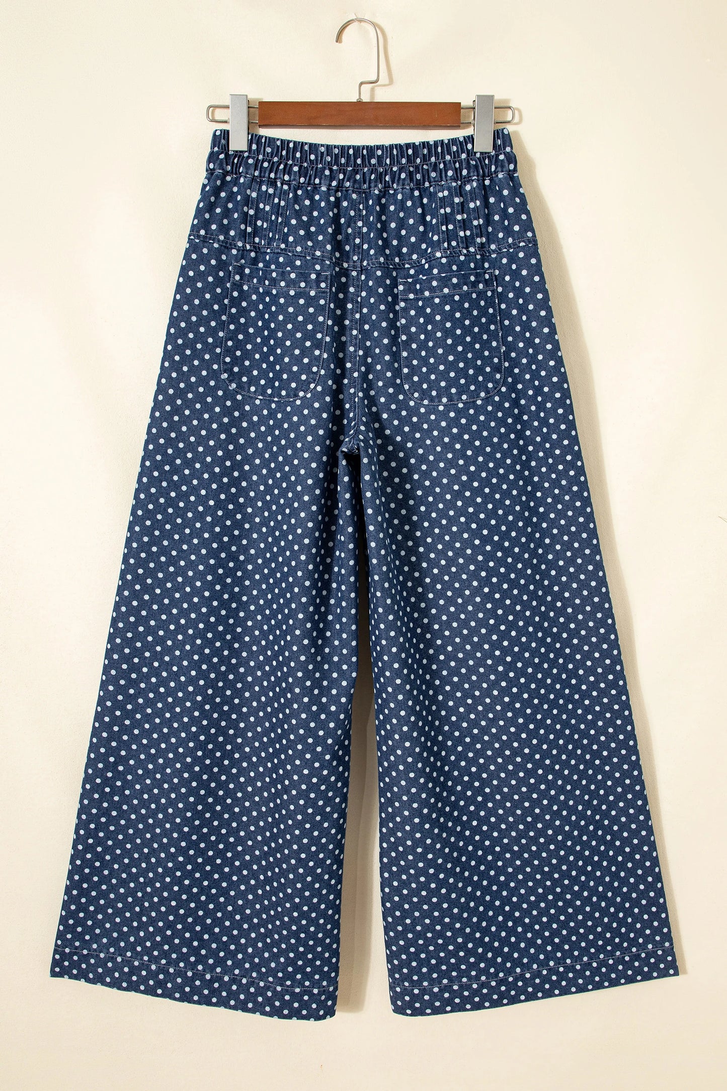 Sky Blue Polka Dot Print Button Pleated Detail Wide Leg Jeans