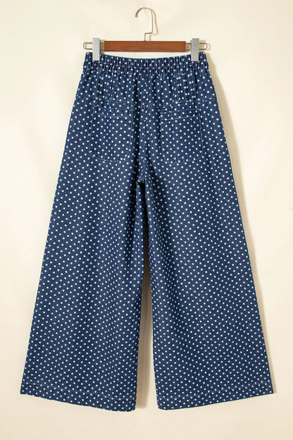 Sky Blue Polka Dot Print Button Pleated Detail Wide Leg Jeans