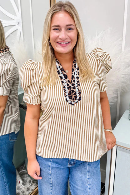 Stripe Ricrac Trim Short Puff Sleeve Leopard Patchwork Collar V Neck Blouse