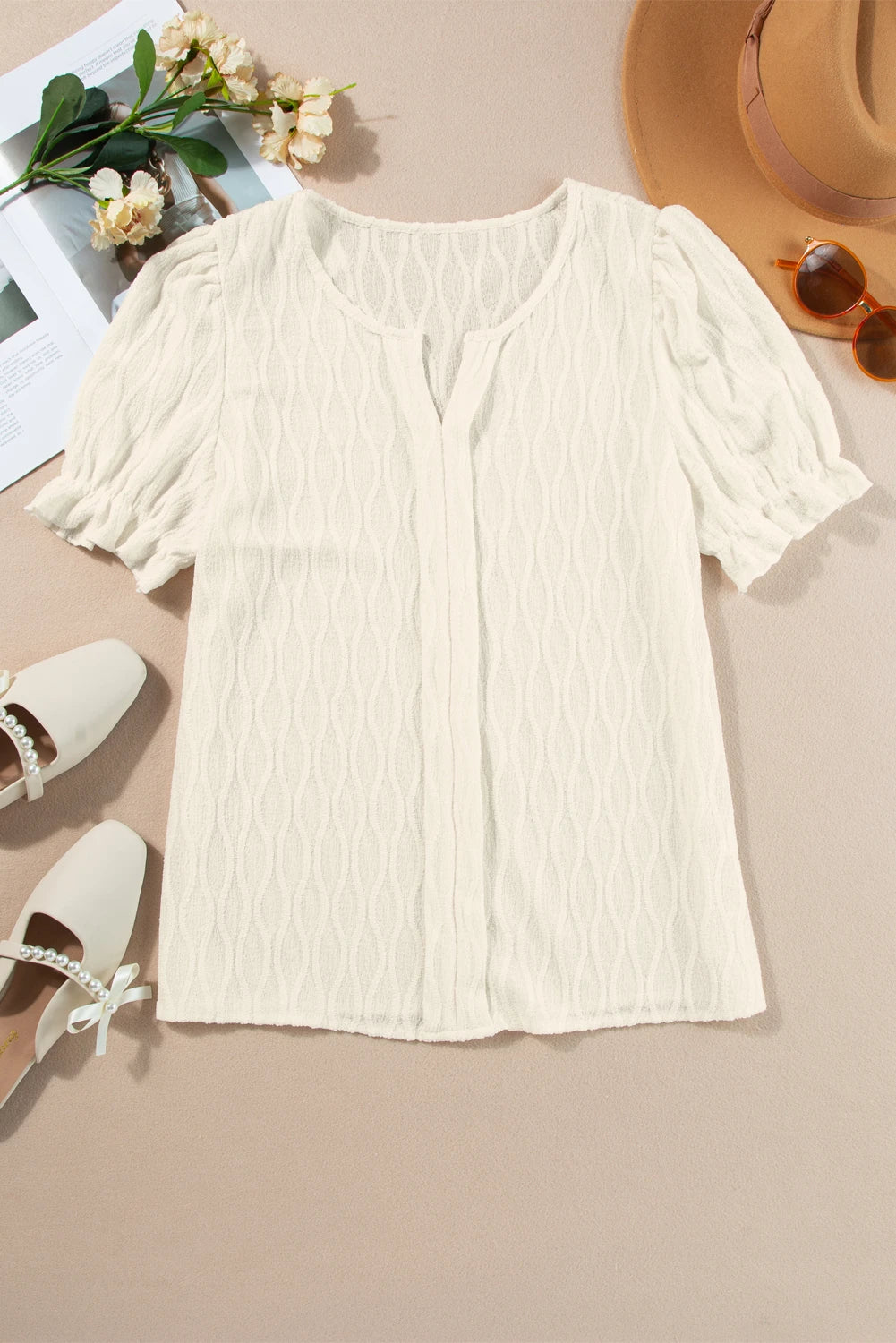Solid Color Textured Notched Neck Puff Sleeve Blouse