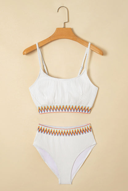 Textured Contrast Banding Bikini High Waist 2pcs Swimsuit