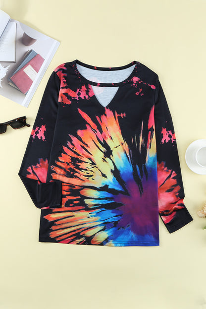 Rainbow Color Tie Dye Cut-out Long Sleeve Blouse