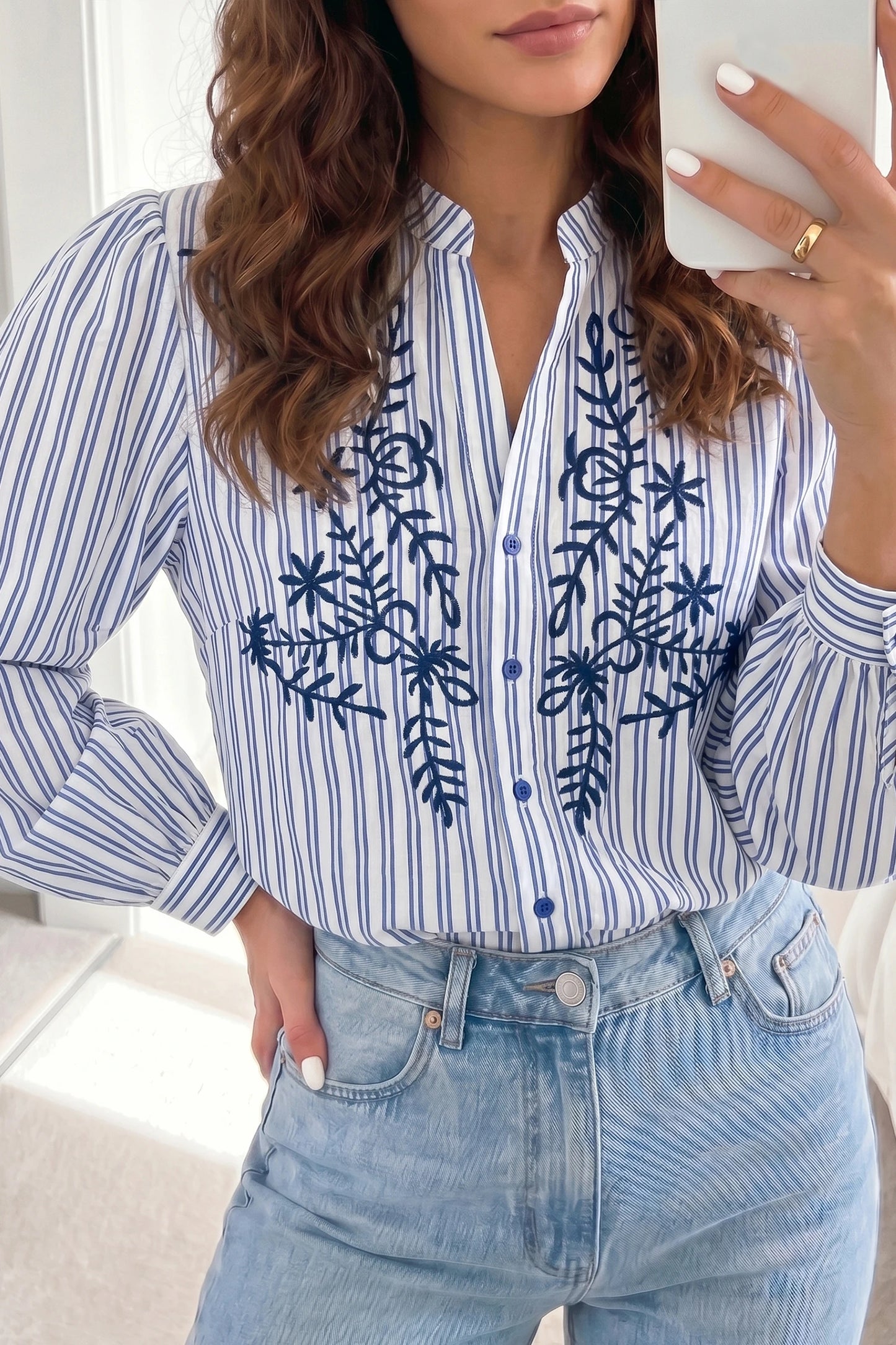 Blue Stripe Embroidered Detail Button Front Long Sleeve Shirt
