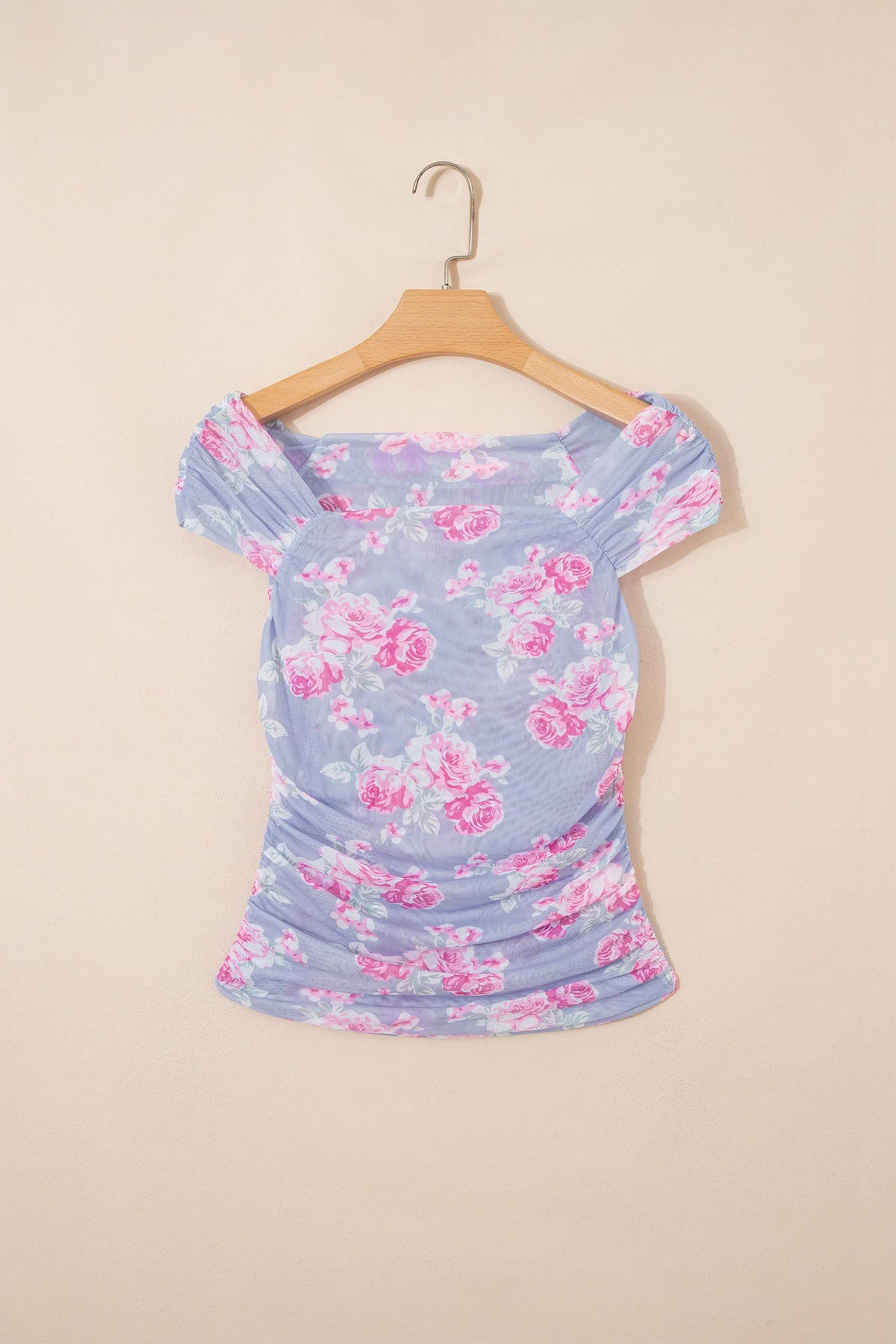 Sky Blue Square Neck Cap Sleeve Ruched Floral Mesh Top
