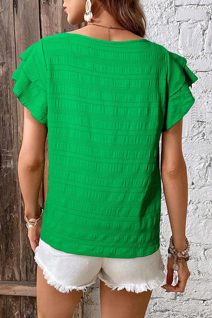 Green Textured Ruffled Sleeve Round Neck Top