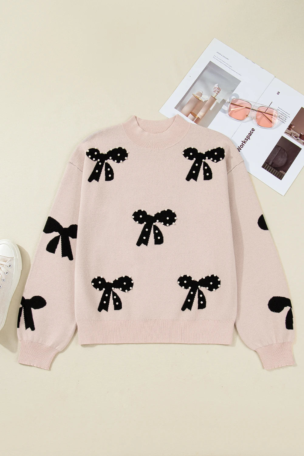 Smoke Gray Pearl Embellished Bow Pattern Loose Sweater
