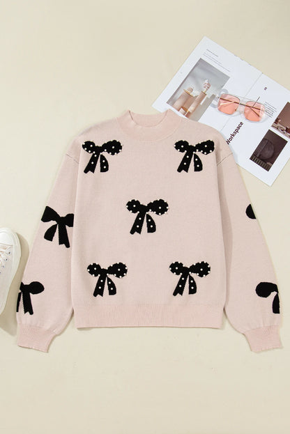 Smoke Gray Pearl Embellished Bow Pattern Loose Sweater