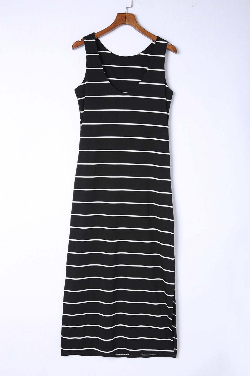 Black Stripe Print Open Back Sleeveless Maxi Dress with Slits