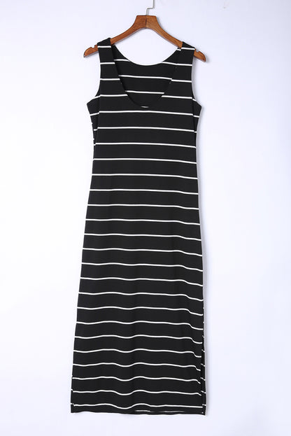 Black Stripe Print Open Back Sleeveless Maxi Dress with Slits