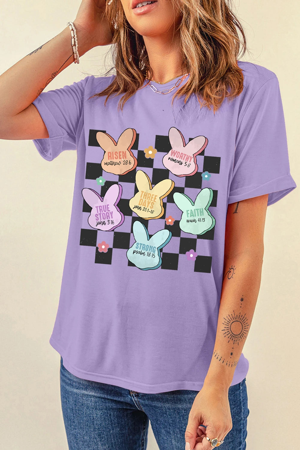 Wisteria Bunny Bible Verses Checkered Print Easter T Shirt