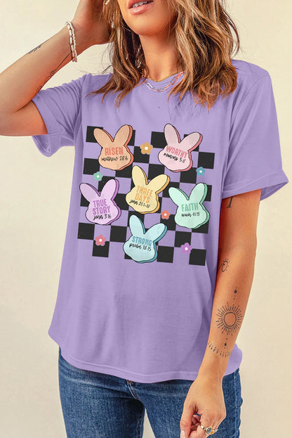 Wisteria Bunny Bible Verses Checkered Print Easter T Shirt