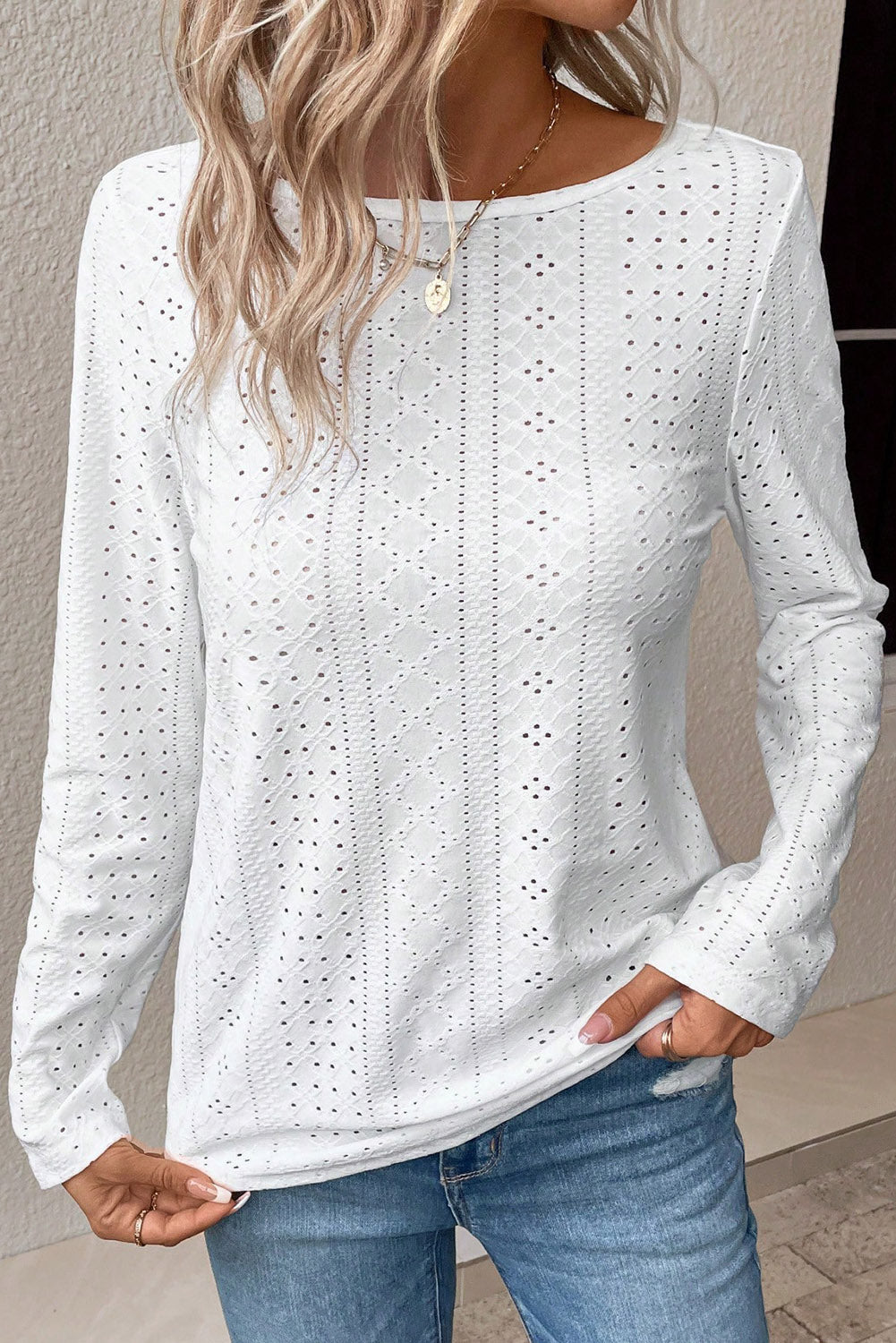 Floral Lace Splicing Eyelet Long Sleeve Top