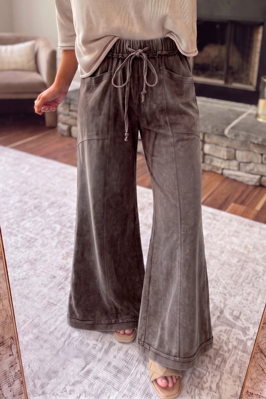 Mineral Wash Seam Detail Flare Leg Drawstring Pants