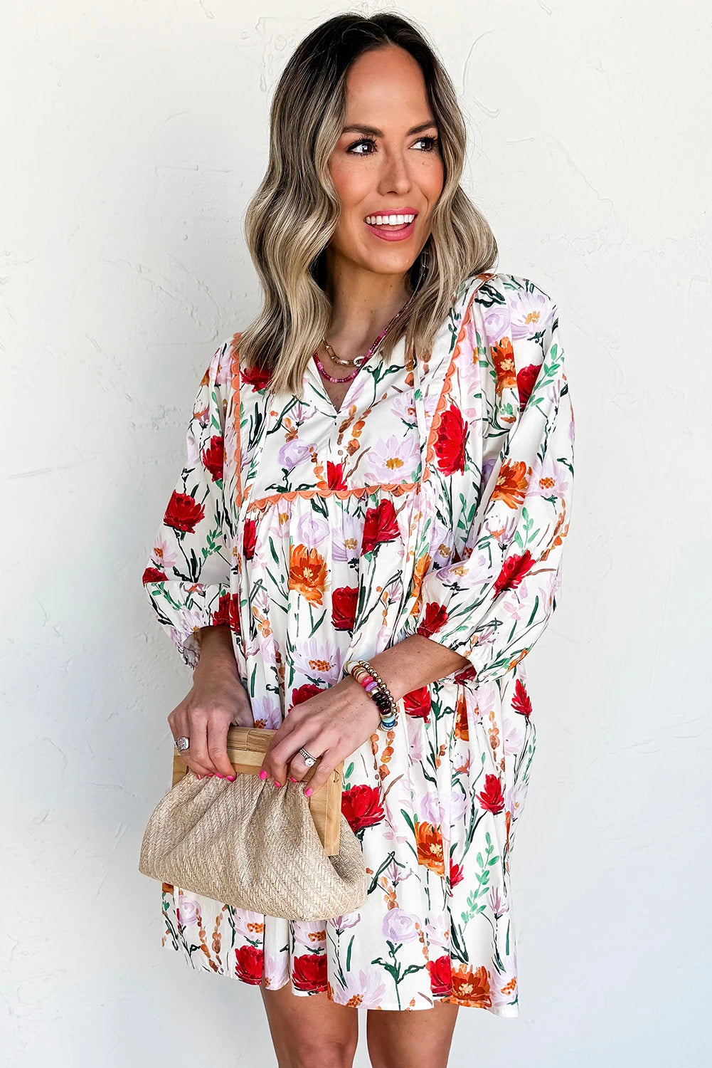 Beige Floral Print 3/4 Puff Sleeve Ricrac Trim Mini Dress